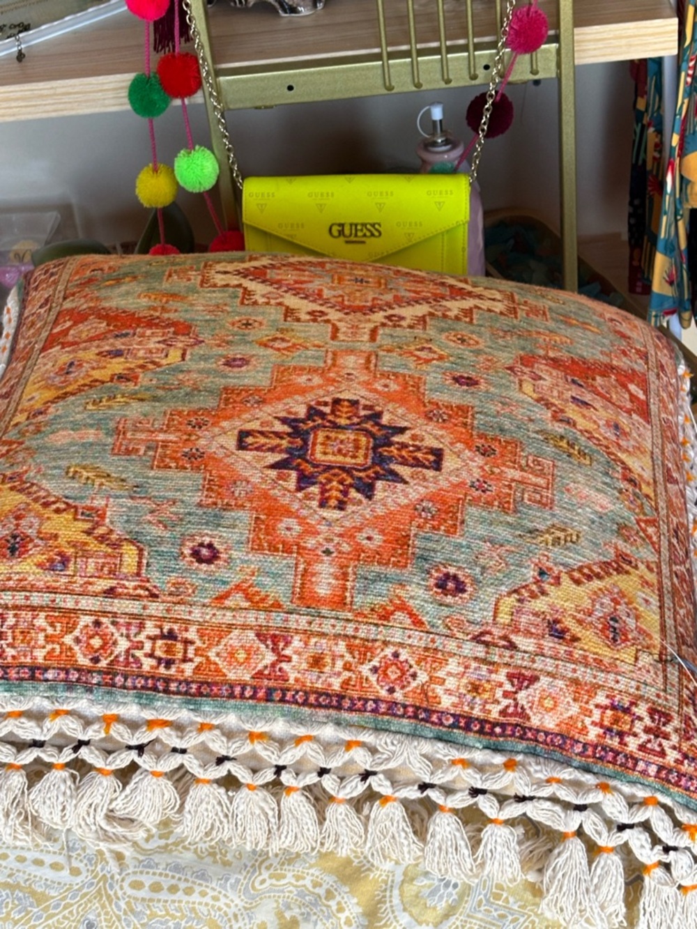 Boho Tassel Fringe Decorative Throw Pillow in Orange Teal